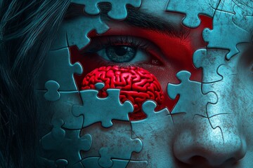 Sticker - Neural connectivity smart Face covered with puzzle pieces revealing a red brain symbolizing the hidden complexities of thought emotions and mental health challenges