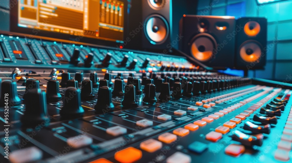 Professional audio mixing console with knobs and buttons in a recording ...