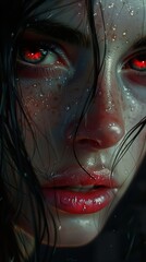 Wall Mural - Close-up of a woman's face with red eyes, wet skin, and dark hair.