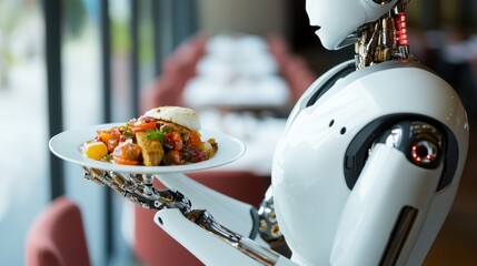 Wall Mural - Futuristic Robotic Arm Serving Healthy Vegetarian Stir Fry Meal on Plate