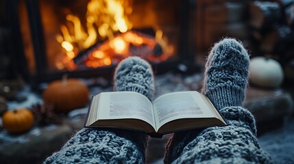 Canvas Print - An inviting fireside setting with an open book, a chunky knit sweater, and wool socks in front of a crackling fire, cozy autumn ambiance, rich details, soft lighting, ultimate comfort vibes,