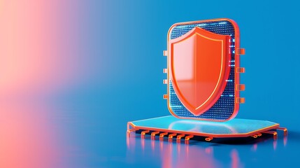 Wall Mural - Modern futuristic security technology concept with a red shield icon integrated into a microchip against a blue background. 3D rendering.