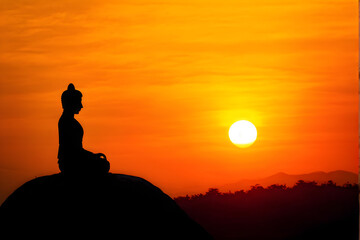 buddha silhouette on golden sunset background beliefs of Buddhism
