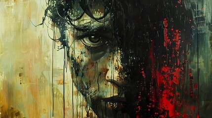 Wall Mural - Close-up portrait painting of a man's face with dark hair, one eye visible, and splashes of color.