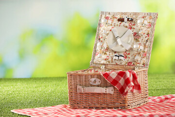 Wall Mural - One picnic wicker basket with checkered napkin, tableware and blanket on grass against blurred green background. Space for text