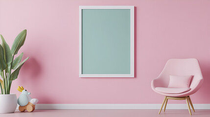 Wall Mural - Minimalist Pink Room with Empty Frame for Your Design