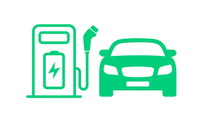 plug icon symbol and electric car, hybrid vehicle charging point logo. green energy and eco-friendly