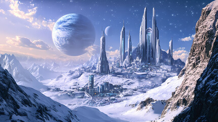 A image of a futuristic city on a snowy mountain with a planet in the background. Futuristic City. Illustration