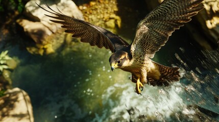 Wall Mural - Peregrine Falcon in Flight Over a Waterfall