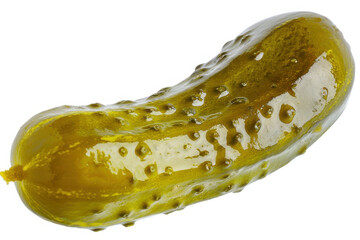 A close-up of a single green pickle with a bumpy texture, isolated on a white background.