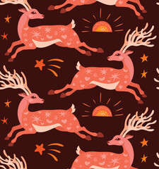 Aufkleber - Magical cartoon pattern with deer and sun