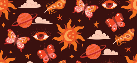 Aufkleber - Magical pattern with sun, butterflies, eyes and planets