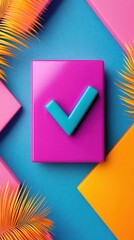 Poster - Minimalist Checkmark with Palm Leaves and Colorful Background.