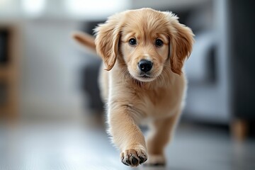 Poster - Golden Retriever Puppy Walking Towards Camera