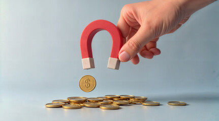 Hand holding red horseshoe magnet attracting golden dollar coin above pile of coins, illustrating financial magnetism, investment attraction, and monetary success