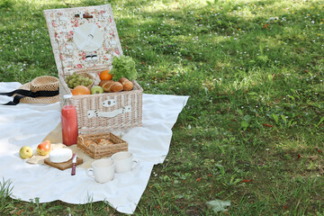 Sticker - Picnic wicker baskets with delicious food, tableware and drink on white blanket outdoors, space for text