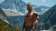 © Bussakon - Muscular bodybuilder posing amid scenic mountain backdrop showcasing human strength in harmony with nature