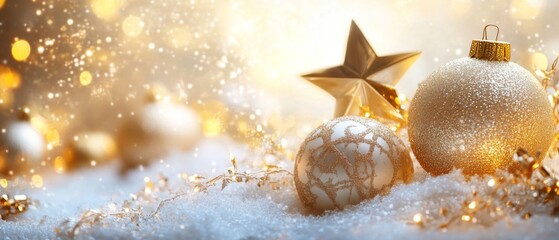 Wall Mural - Christmas background with golden star. New Year's decor. Christmas balls in smowdrifts and golden bokeh lights