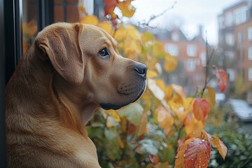 Wall Mural - Golden Retriever Dog Looking Out Window with Autumn Leaves