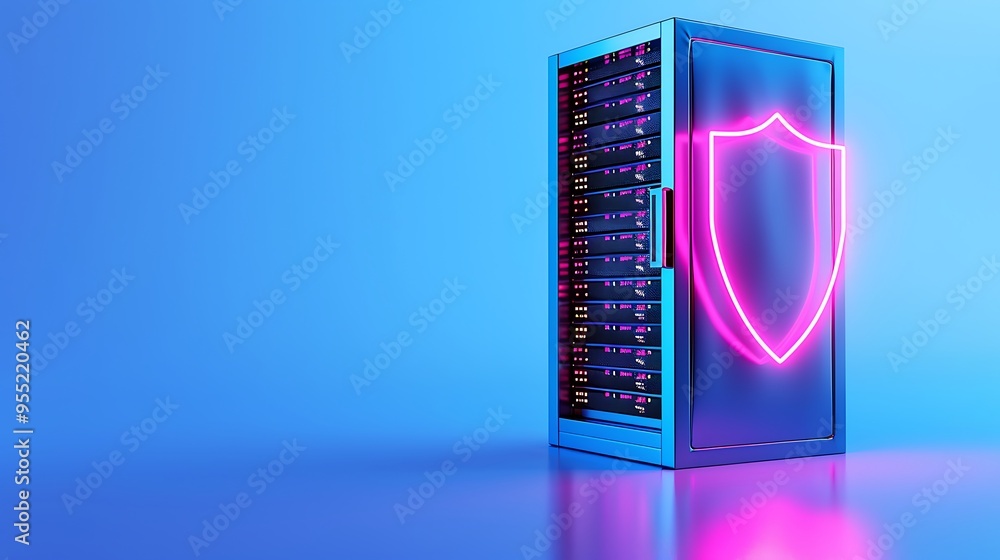 Secure server room with neon pink shield, signifying cyber security and ...