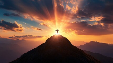 close up Jesus Christ standing on a mountain, overlooking the world below, with rays of light shining down