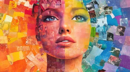 Poster - Collage Portrait of a Woman with Colorful Patches