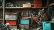 ©  Jovaduplex - A storage room is crowded with old bicycles and a mix of various items placed haphazardly on shelves. The scene portrays a sense of forgotten times and clutter.