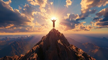 close up Jesus Christ standing on a mountain, overlooking the world below, with rays of light shining down