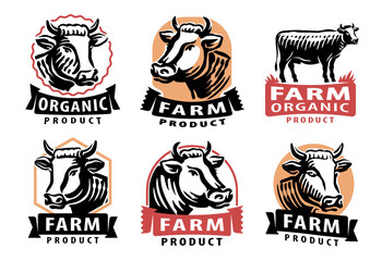 Wall Mural - Cow, bull set of emblems or badges. Set of labels for a butcher shop or dairy farm, vector illustration