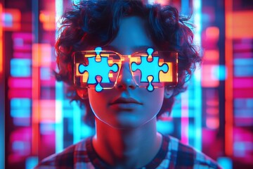 Poster - Socially cognition brain cell Portrait of young man with colorful puzzle pieces overlaying his face representing the complexity of thought creativity and self identity in a vibrant digital design