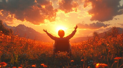 A person in a wheelchair with arms raised in the air, standing in a field of flowers at sunset.