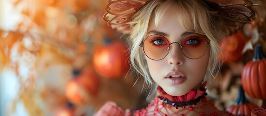 Portrait of beautiful woman with vintage glasses and hat on autumn background