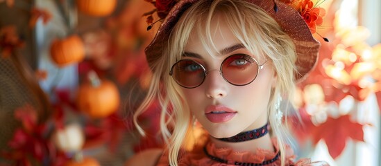 Portrait of beautiful woman with vintage glasses and hat on autumn background