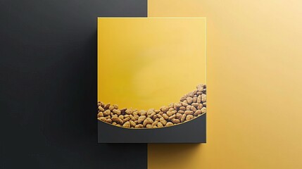 Modern cereal box packaging mockup with bold typography, dynamic shadows, two-tone gradient background in mustard yellow and charcoal gray, have large negative space for text