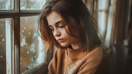 Wall Mural - A girl is sitting in front of a window with her head down