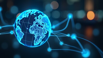 High-Tech Globe with Blue Network Lines on Abstract Background