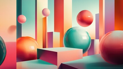 Canvas Print - Abstract Composition of Spheres and Geometric Shapes with Color Variations