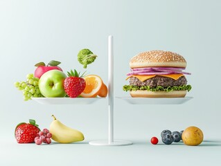 Balanced scale, fresh fruits on one side, burger on the other, contrasting health choices, 3D illustration