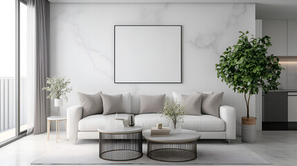 Poster - Modern Living Room Interior Design with White Sofa and Minimalist Decor