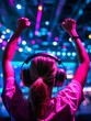 © Wimon - Joyful gamer celebrates, cyberathletics arena in the background, intense focus, esports victory, vibrant neon colors, female empowerment in gaming