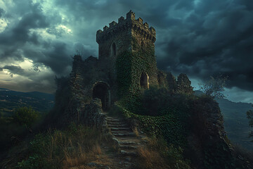 A dilapidated castle surrounded by nature under a dramatic sky.