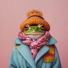 Portrait of cute frog wearing winter clothes on pastel background