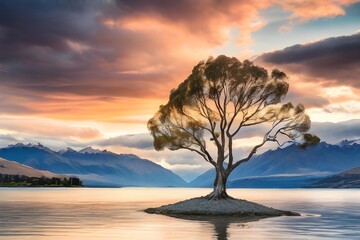 Wall Mural - Lone Tree of Lake Wanaka against cloudy sky during sunset, South Island, New Zealand Generative AI