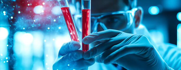 a scientist holds medical testing tubes or vials, focused on pharmaceutical research. the concept is