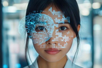 Poster - Social brain network Brainpower Woman with a holographic brain overlay on her face symbolizing advanced cognition technological integration and future of human intelligence in a clinical setting