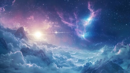 Sticker - Snowy Mountain Peaks Emerging from Clouds Under a Starry Sky with Nebulae