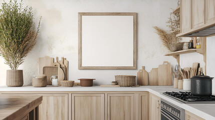 Wall Mural - Modern Kitchen Mockup with Blank Frame for Your Design