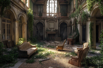 Wall Mural - An overgrown, abandoned interior showcasing nature reclaiming a once-elegant space.