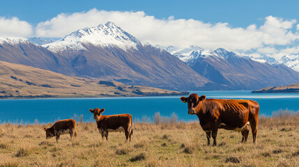 Wall Mural - Brown cow and calves with snow capped Southern Alps across Lake Ohau background in South Island New Zealand. 