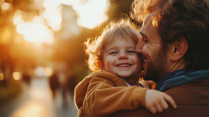 Smiling dad with his little toddler on autumn sunset background